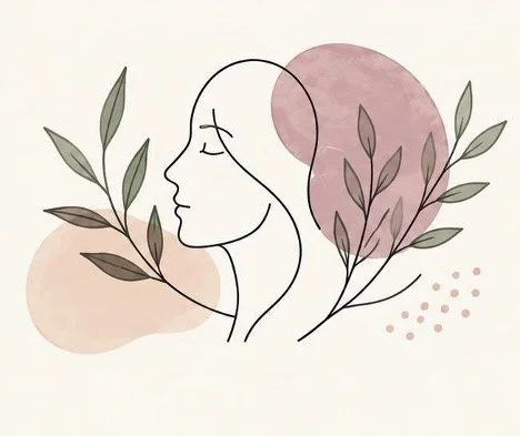 Minimalist line drawing of a woman's face in profile with botanical elements and soft pink and beige abstract shapes in the background.