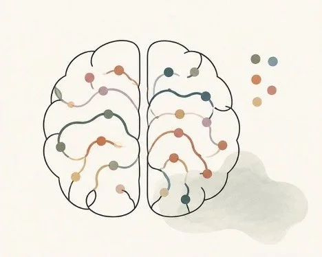 Illustration of a brain with interconnected nodes and a spilled ink or paint splash nearby.