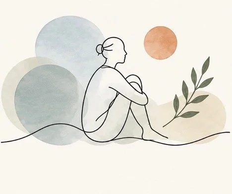 Minimalist line drawing of a woman sitting with her knees drawn to her chest, surrounded by abstract circles and a leafy branch.