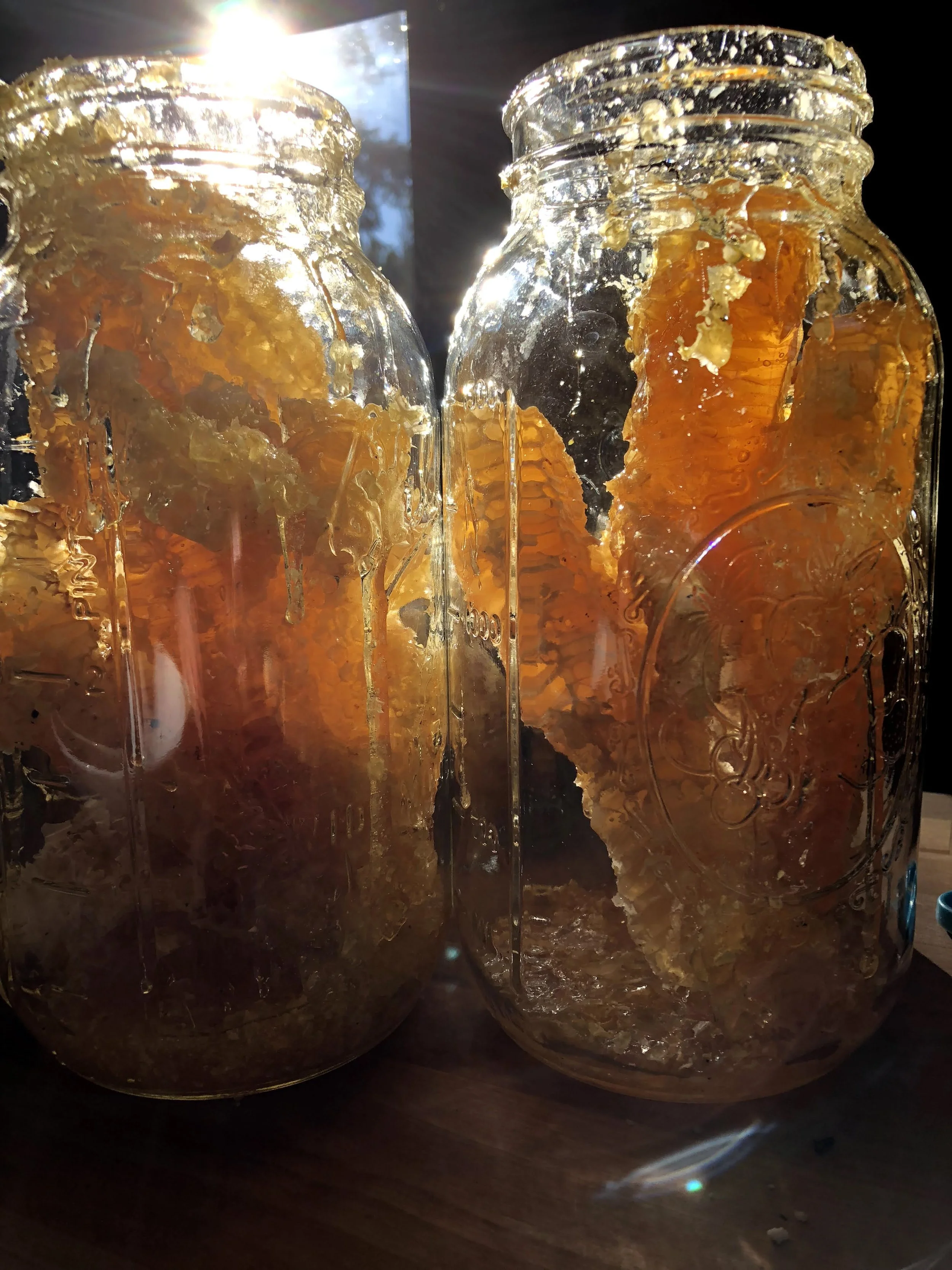 Two glass jars with honeycomb inside, illuminated by sunlight, resting on a wooden surface.