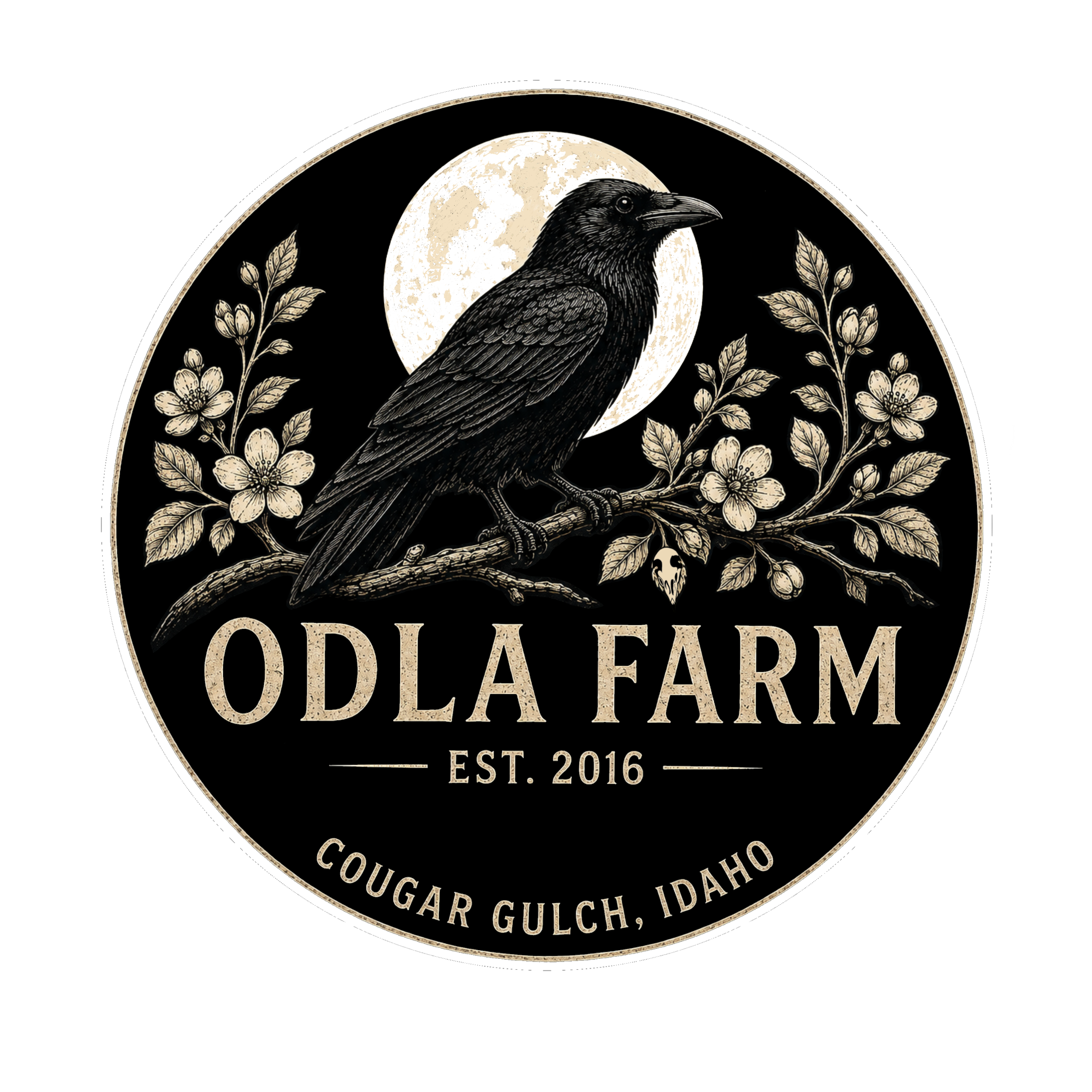 Logo for Opal Earth with the outline of a bird, a branch with flowers, and the moon in the background, with text indicating the location and establishment year.