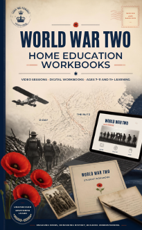 Cover of a World War Two homeschooling workbook, featuring a military aircraft, soldiers, poppies, a tablet, and historical photographs.