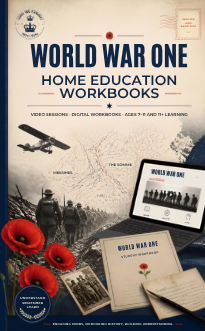 World War One home education workbooks with vintage war imagery, a tablet showing related content, red poppies, and historical photographs.