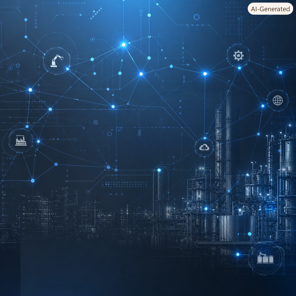 Digital illustration of a factory with interconnected icons representing technology, industry, cloud computing, and global networks.