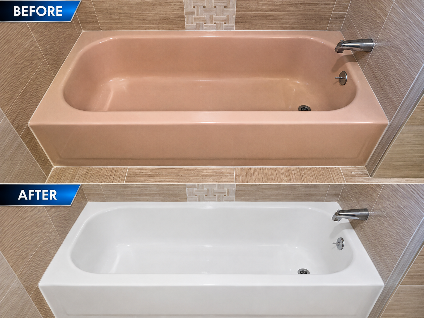 Comparison of a bathroom bathtub before and after renovation, showing a pink bathtub before and a white bathtub after.