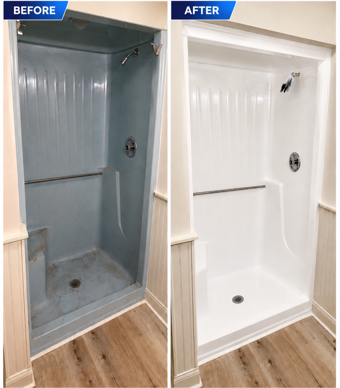 Comparison of a shower before and after cleaning, showing a dirty, stained shower on the left and a clean, white shower on the right.