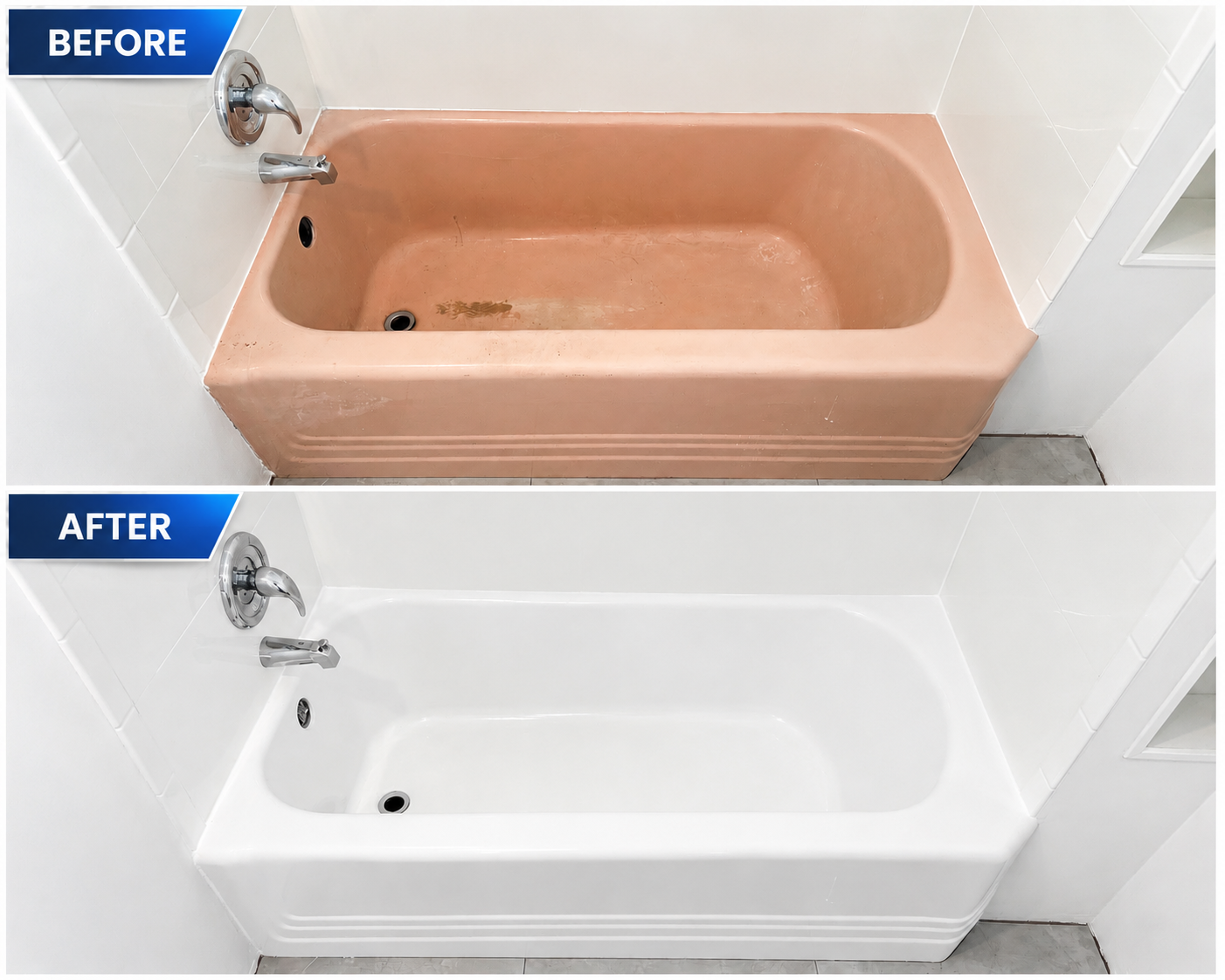 Comparison photo showing a bathroom bathtub before and after cleaning or renovation. The 'before' image shows a pinkish-brown stained bathtub with dirt or grime, and the 'after' image shows a clean, white bathtub.