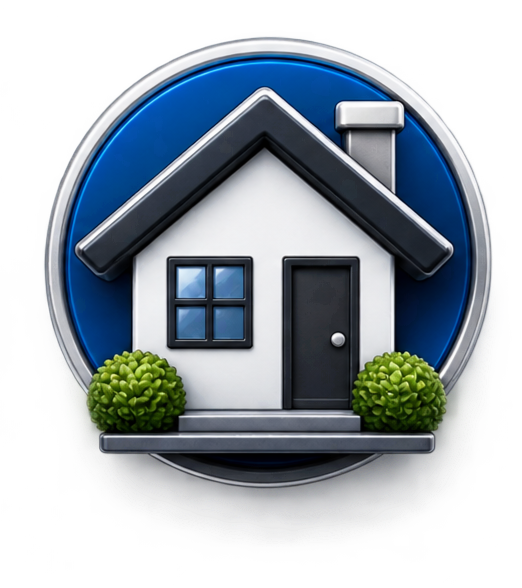 Icon of a house with a door, window, and two bushes in front, set inside a blue circular background.