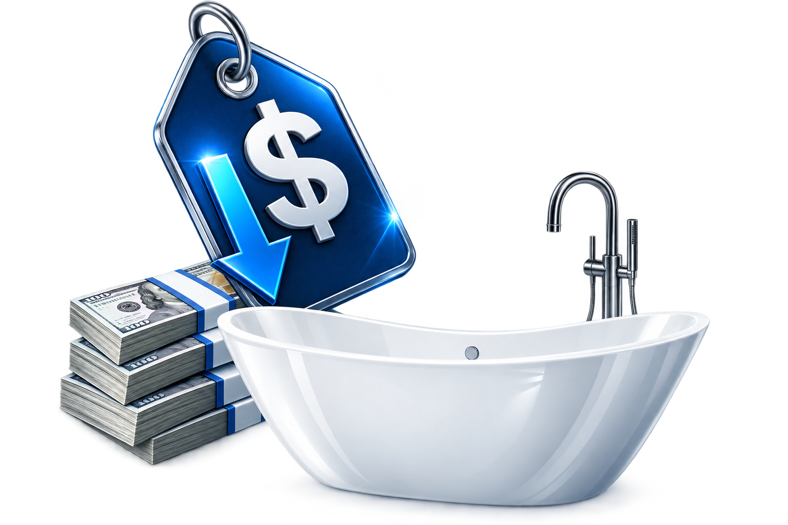 A bathroom sink with a faucet, stacks of hundred-dollar bills, and a large blue price tag with a downward arrow, dollar sign, and a downward trend chart.