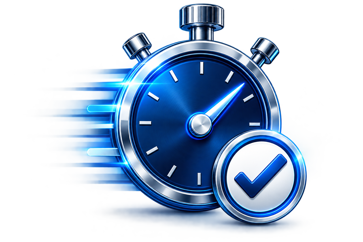 A digital illustration of a stopwatch showing a time just past 1 o'clock and a checkmark icon indicating approval or success, with a blue color scheme and glowing effects.
