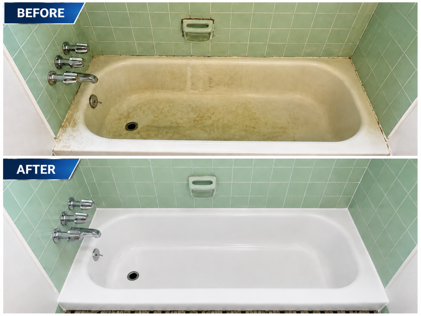 Comparison of a bathtub before and after cleaning, showing a stained, dirty bathtub in the 'before' image and a clean, white bathtub in the 'after' image.