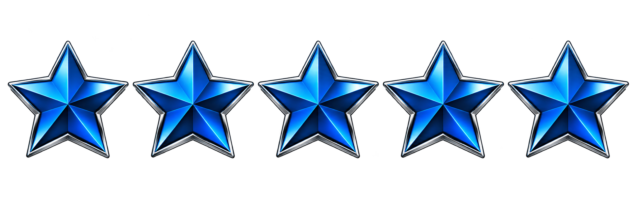 Five blue and silver star icons placed side by side on a black background.