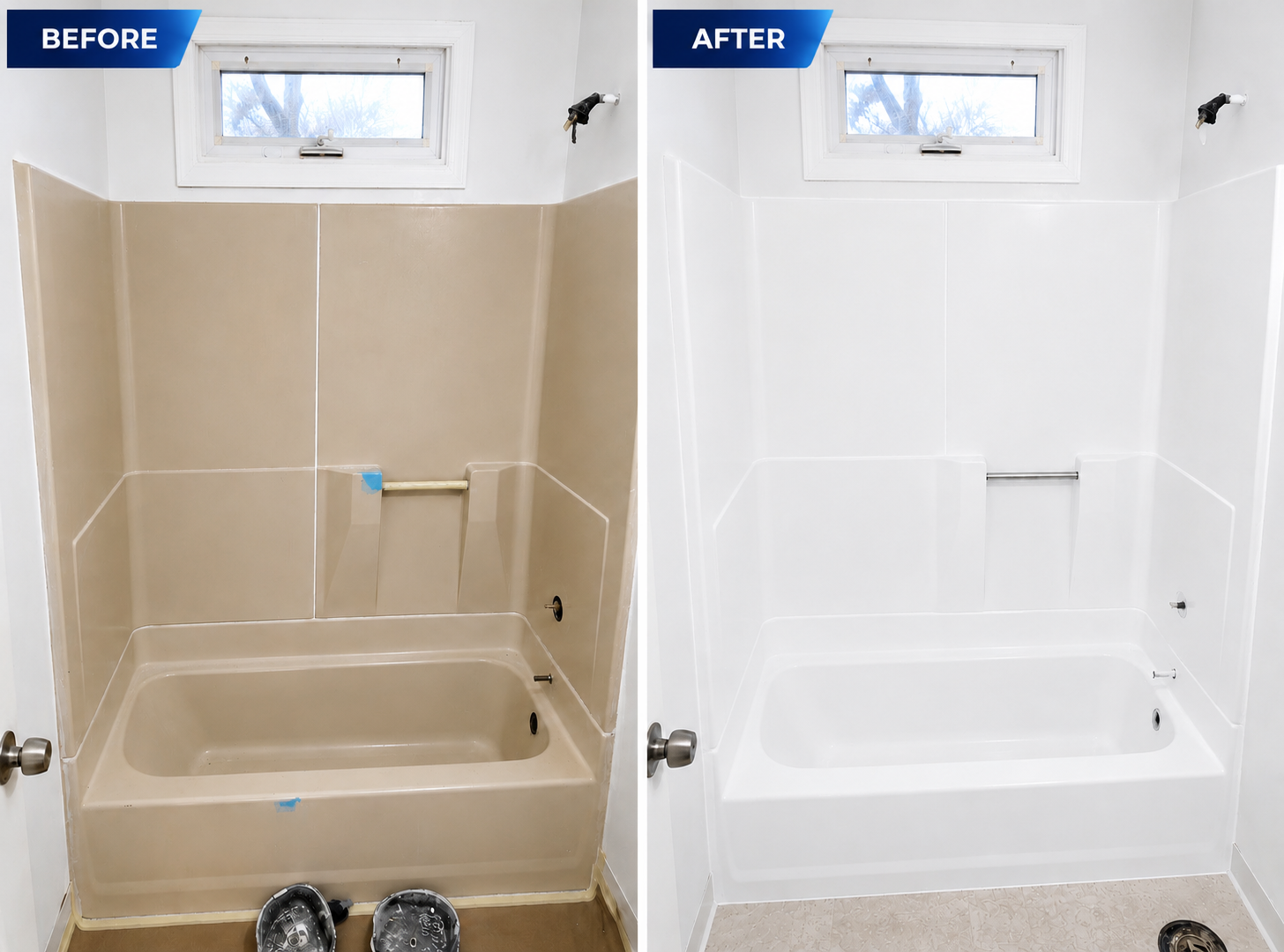 Side-by-side comparison of a bathroom shower area before and after renovation. The 'before' shows a beige shower with partial wall panels, a small window, and a grab bar, while the 'after' features newly painted white walls, no tile, and a clean, modern look.
