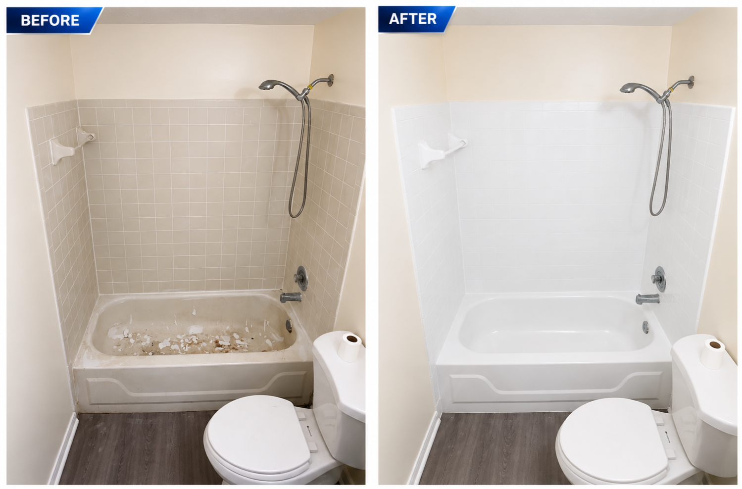 Comparison of a bathroom shower before and after renovation, with a toilet in front of both. The 'before' shows a dirty, stained bathtub with beige tiles and a handheld shower head. The 'after' shows a clean, white tub with new white tiles and a similar shower head.