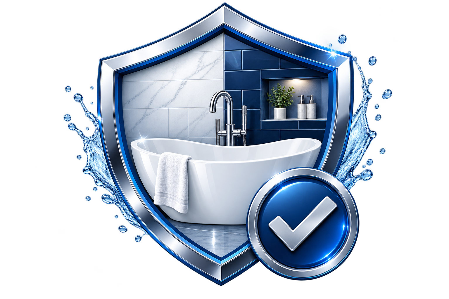 A luxurious bathroom with a white bathtub, chrome faucet, blue and white tiled wall, a small shelf with a potted plant and soap dispensers, surrounded by a shield with water splashes, and a blue checkmark symbol indicating protection or cleanliness.