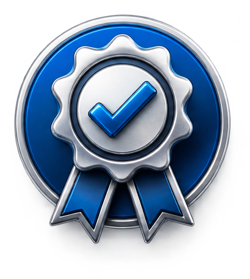 Blue and silver badge with a checkmark in the center and two ribbons hanging below.