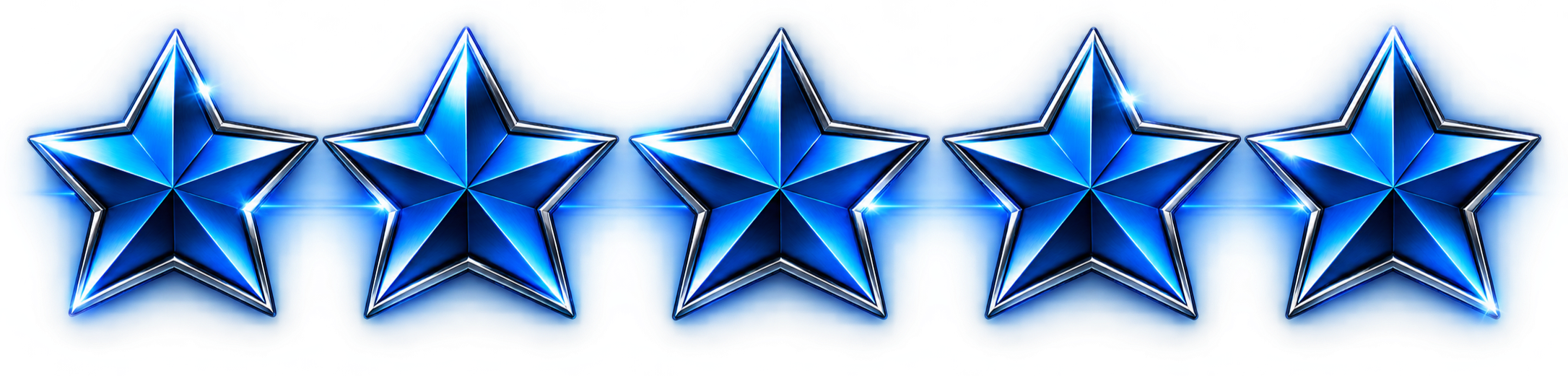 Five blue, three-dimensional, metallic stars lined up horizontally on a reflective surface.
