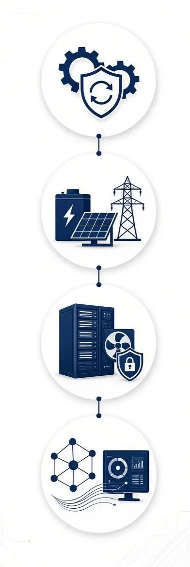 Series of icons representing cybersecurity for energy infrastructure. The top icon shows gears and a shield with arrows, indicating security and protection. The second icon depicts a battery, solar panel, and power lines, representing energy sources. The third icon shows a server with a security shield and radiation symbol, indicating data security in energy systems. The bottom icon features a network and a computer monitor with data charts, symbolizing data analysis and monitoring.