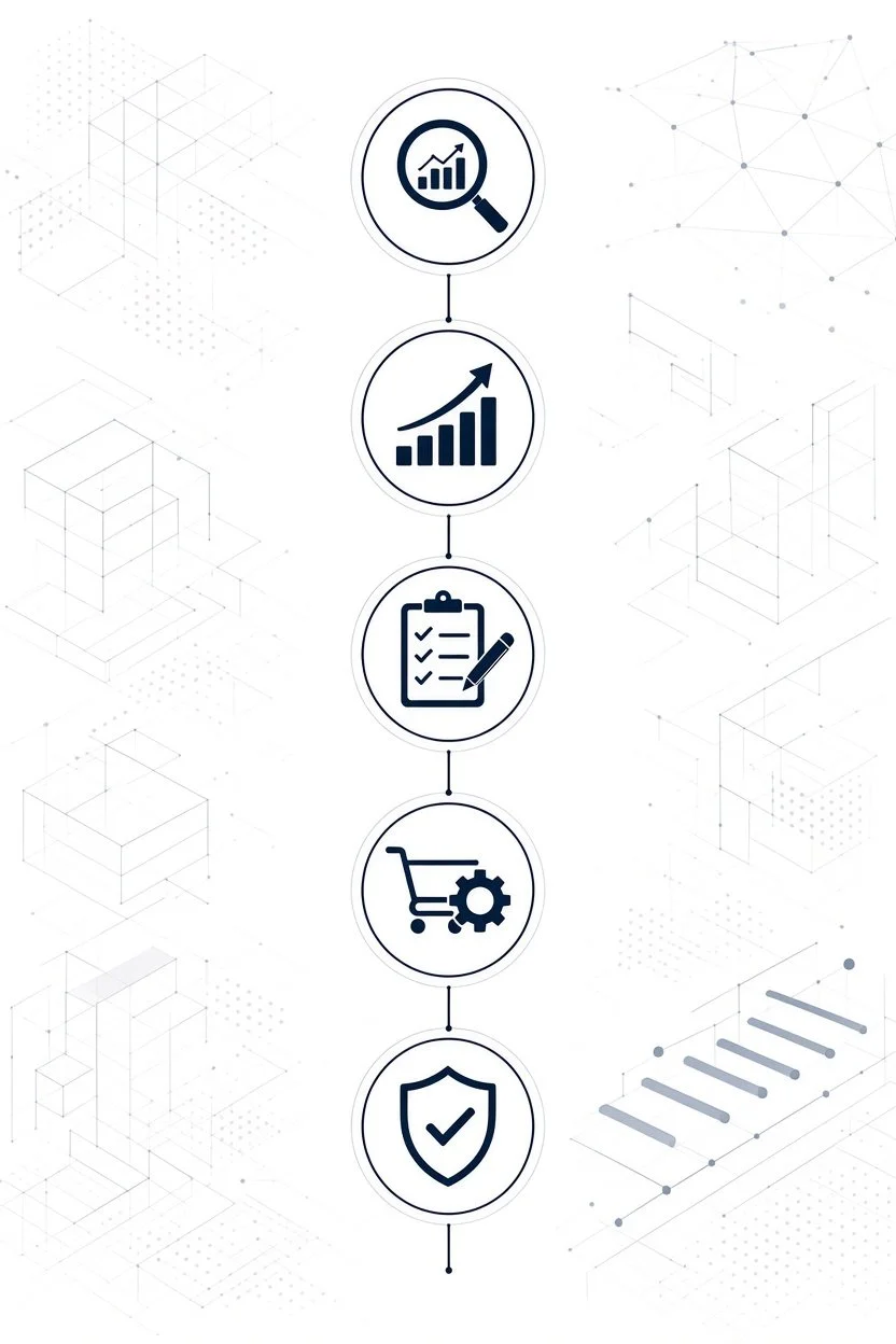 A vertical flowchart with five icons representing different stages: a magnifying glass with a bar chart, a rising bar graph, a checklist with a pen, a shopping cart with a gear, and a shield with a checkmark.