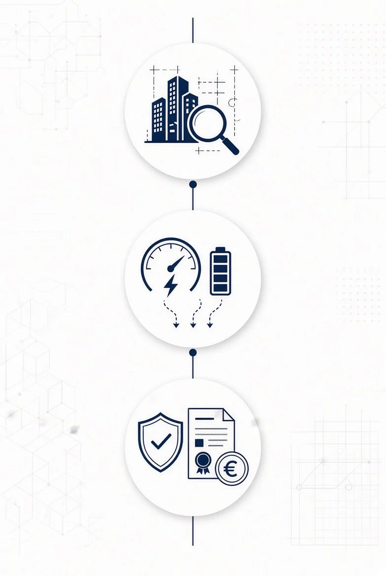 Infographic depicting steps of property investment: top icon shows city buildings and magnifying glass, middle icon shows energy meter and battery indicating energy efficiency, bottom icon shows shield, document with a checkmark, and a euro coin indicating security and financial paperwork.