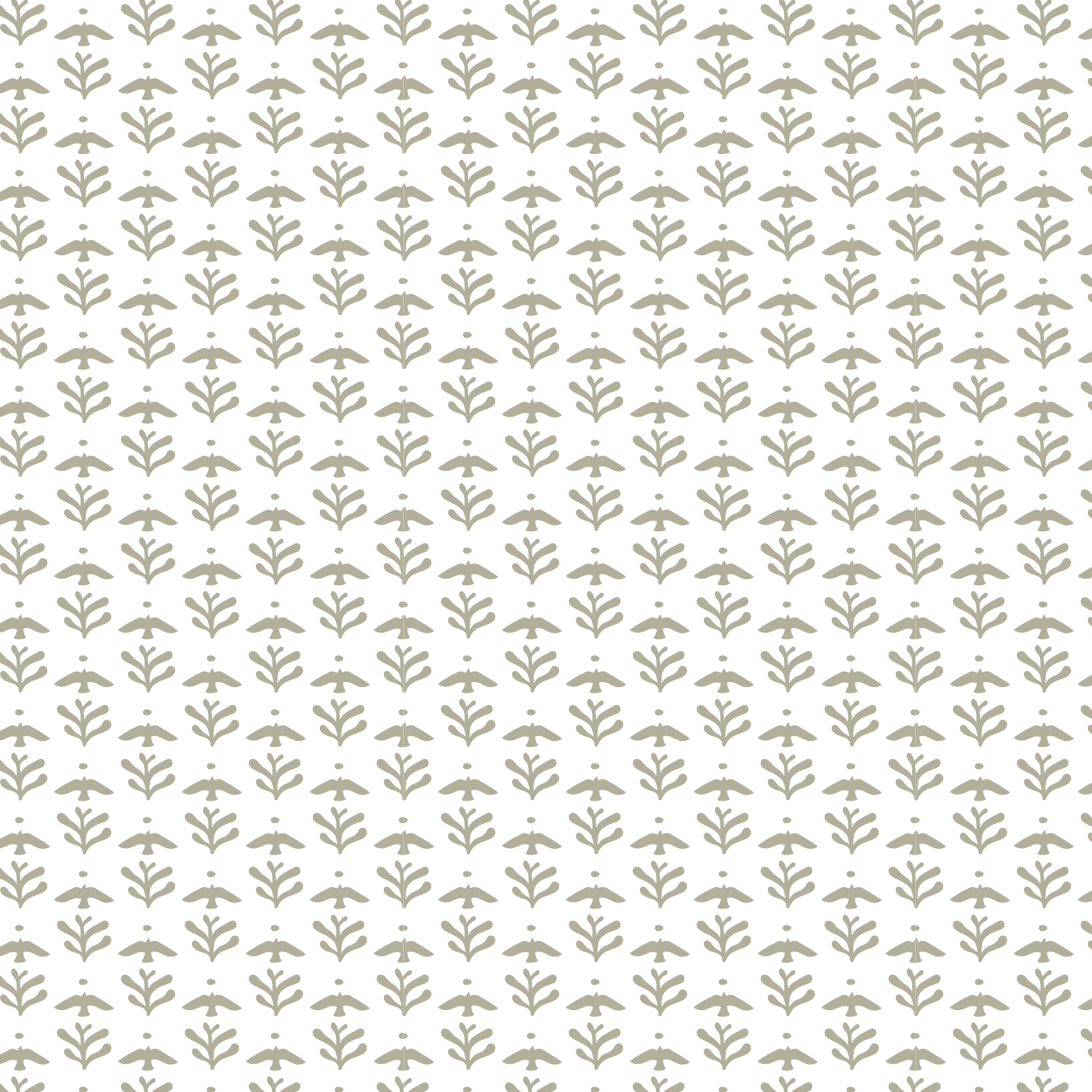 A pattern of stylized gray birds and leafy branches on a black background.