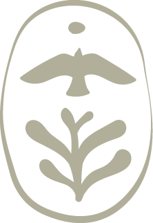Silhouette of a mushroom with a plant beneath it, all inside an oval shape.