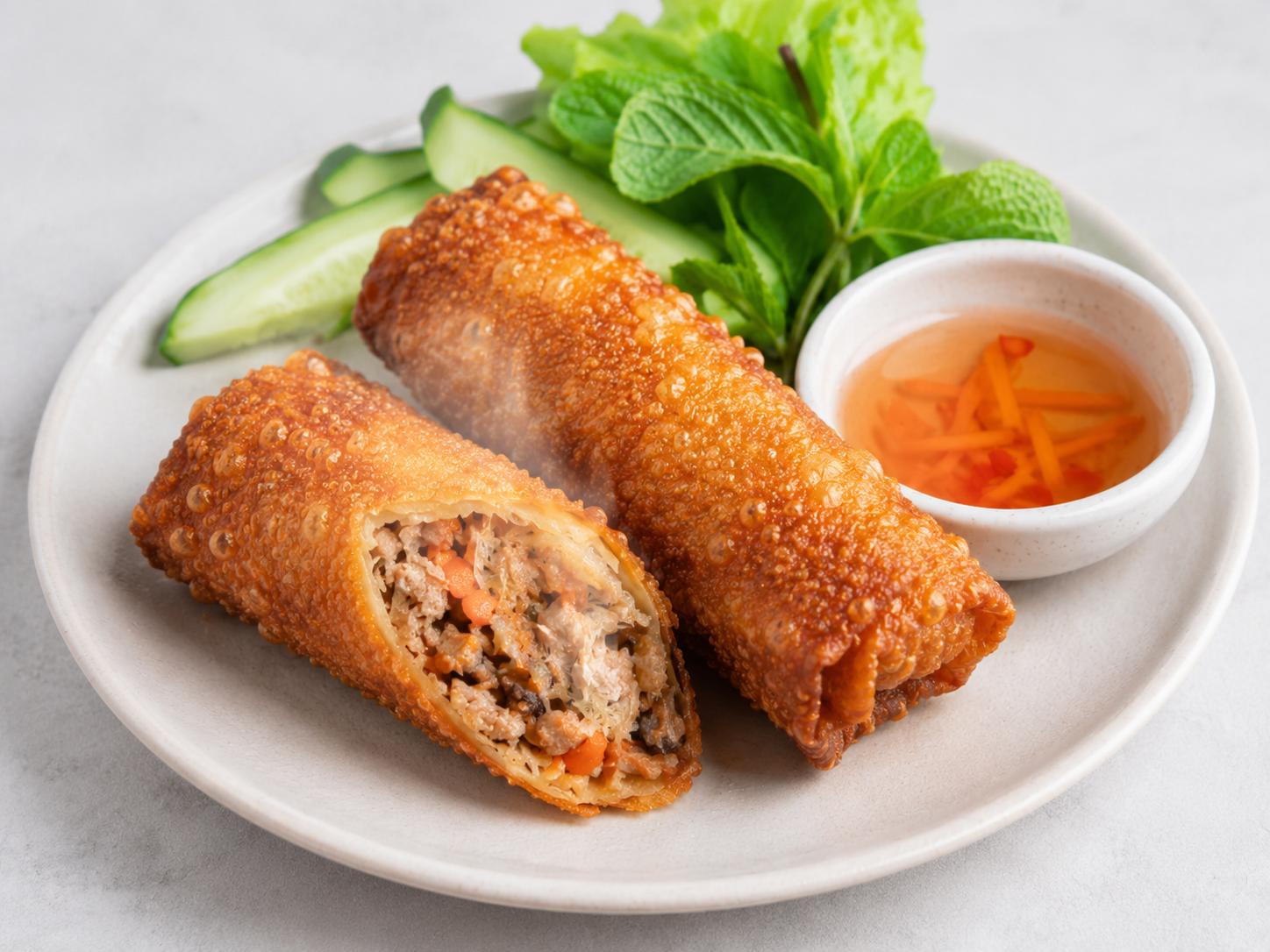 Fried spring rolls on a white plate with cucumber slices, mint leaves, and a small dish of dipping sauce.
