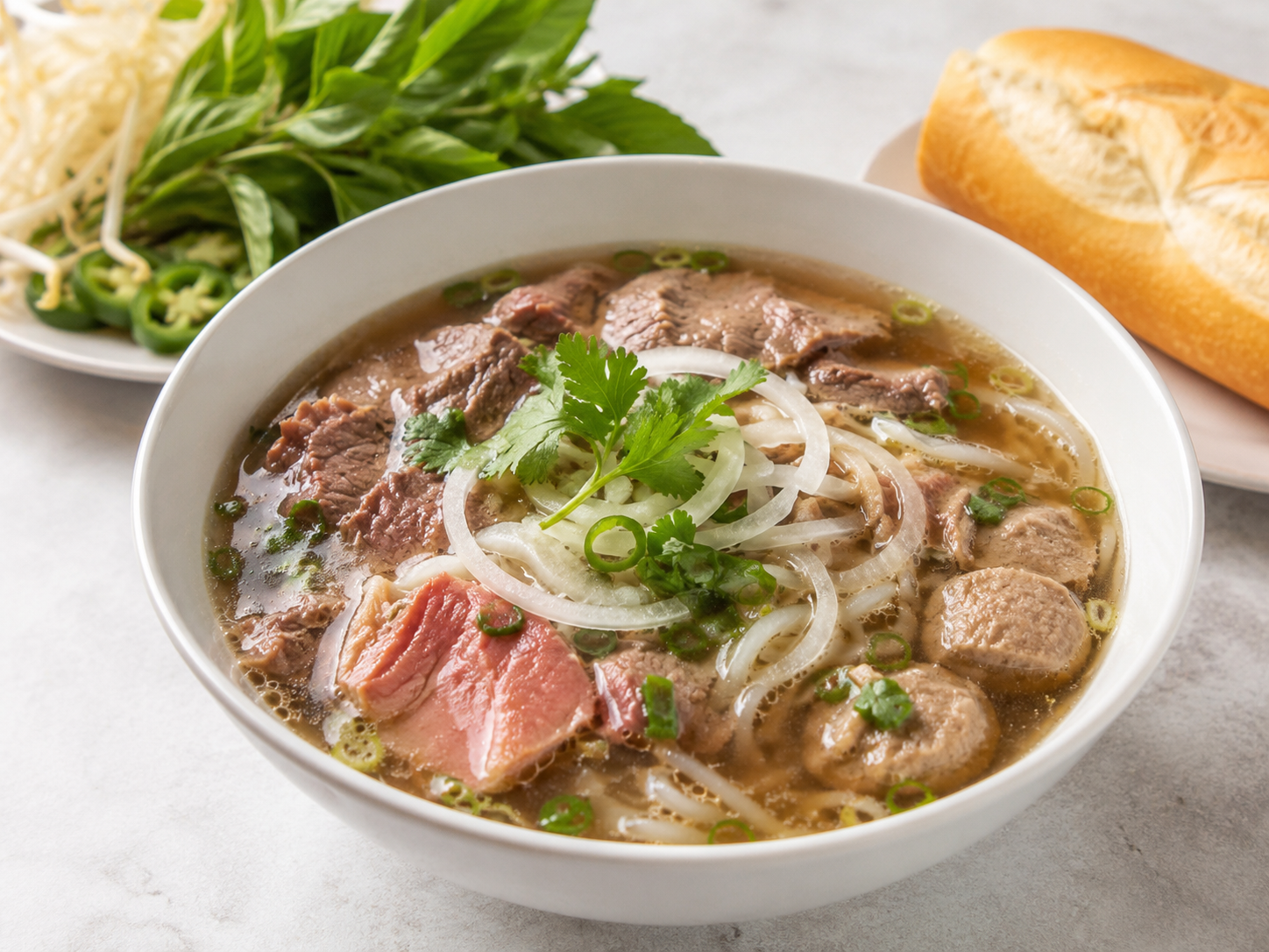Bowl of Vietnamese pho with beef, meatballs, and herbs, served with a side of fresh basil and bean sprouts, and a baguette in the background.
