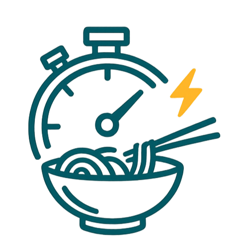 A stopwatch combined with a bowl of noodles and chopsticks, symbolizing quick or fast meal preparation.