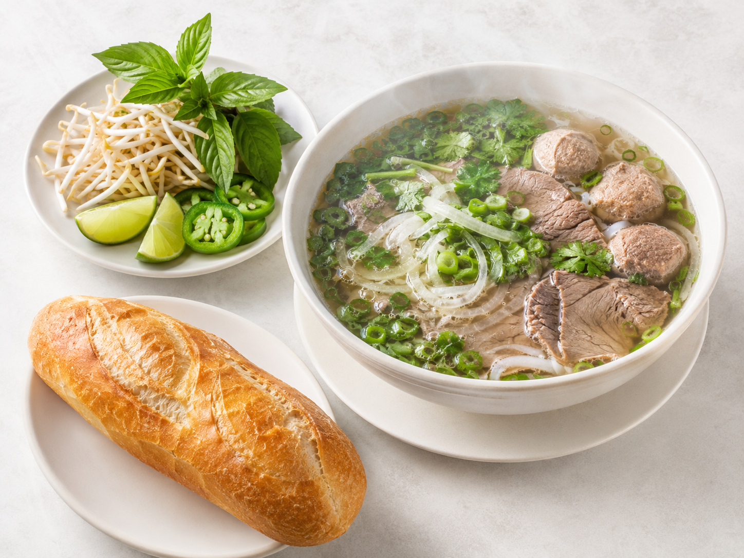 Vietnamese pho with beef meatballs, sliced beef, rice noodles, green onions, cilantro, and herbs in a white bowl, served with fresh basil, bean sprouts, lime wedges, jalapeños, and a French baguette on small plates.