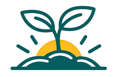 A stylized drawing of a sprouting plant with two leaves emerging from the soil, with a sun rising behind it.