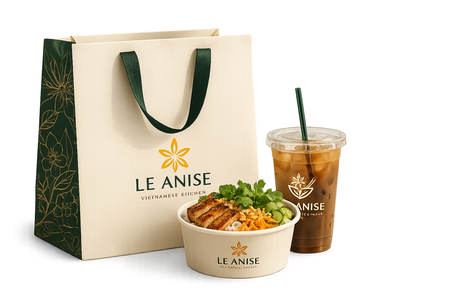Le Anise Vietnamese Kitchen food and drink takeout items, including a paper bag, a bowl of Vietnamese food with grilled slices of meat, fresh herbs, and vegetables, and a plastic cup of iced coffee with a straw, all featuring the Le Anise logo.