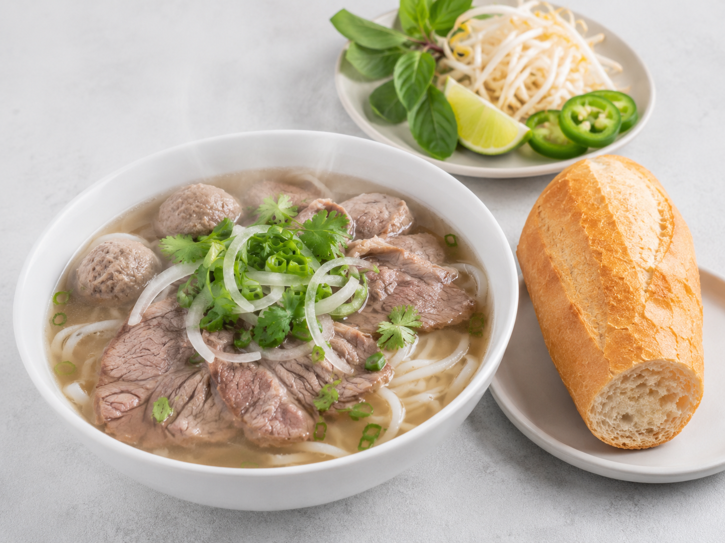 Bowl of Vietnamese pho with beef, meatballs, cilantro, onions, and green onions, served with a side of baguette bread, fresh basil, lime wedge, bean sprouts, and sliced jalapeños.