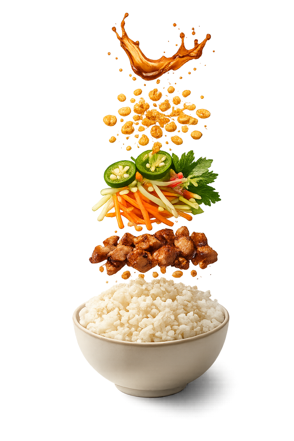 Layered ingredients starting with rice, then cooked chicken pieces, a vegetable mix including shredded carrots, celery, and jalapenos, followed by crushed peanuts, and finished with a splash of sauce