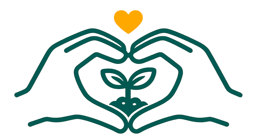 Outline of two hands forming a heart shape around a sprouting plant with two leaves and a small heart above.
