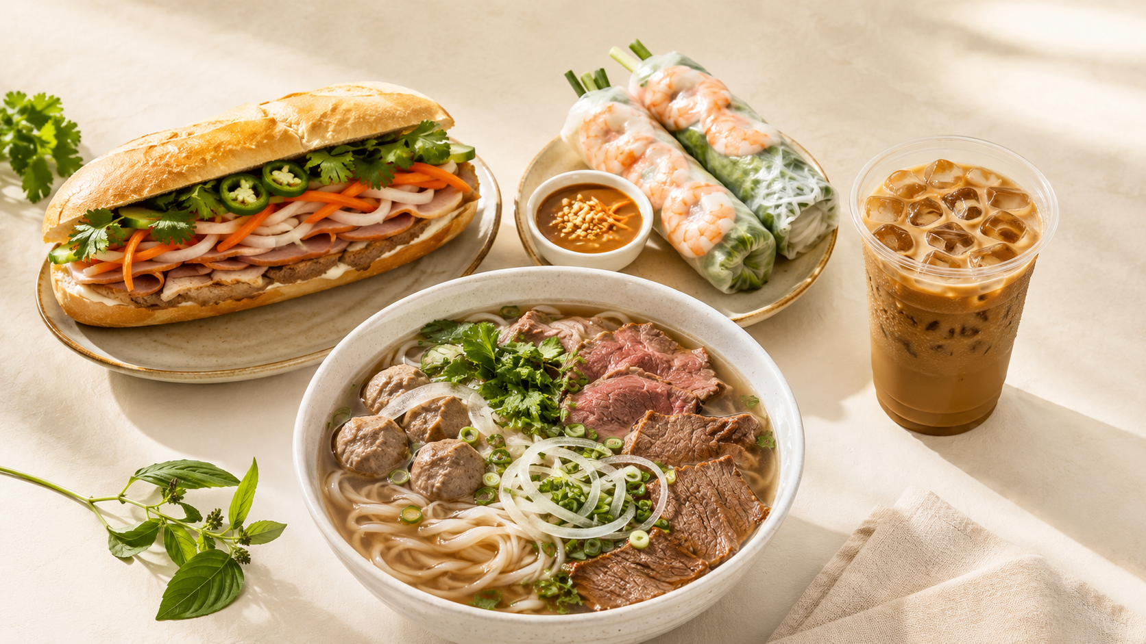 Vietnamese pho with beef and meatballs, spring rolls with shrimp, iced coffee, banh mi sandwich with pork and vegetables, dipping sauce