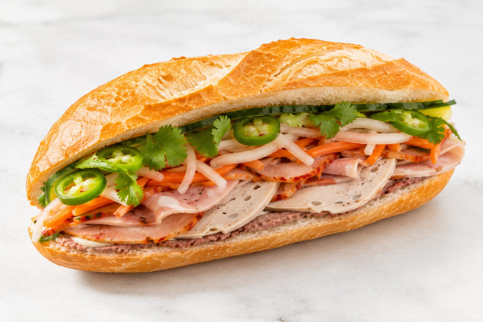 Vietnamese banh mi sandwich with various sliced meats, pickled vegetables, jalapenos, and cilantro in a baguette.