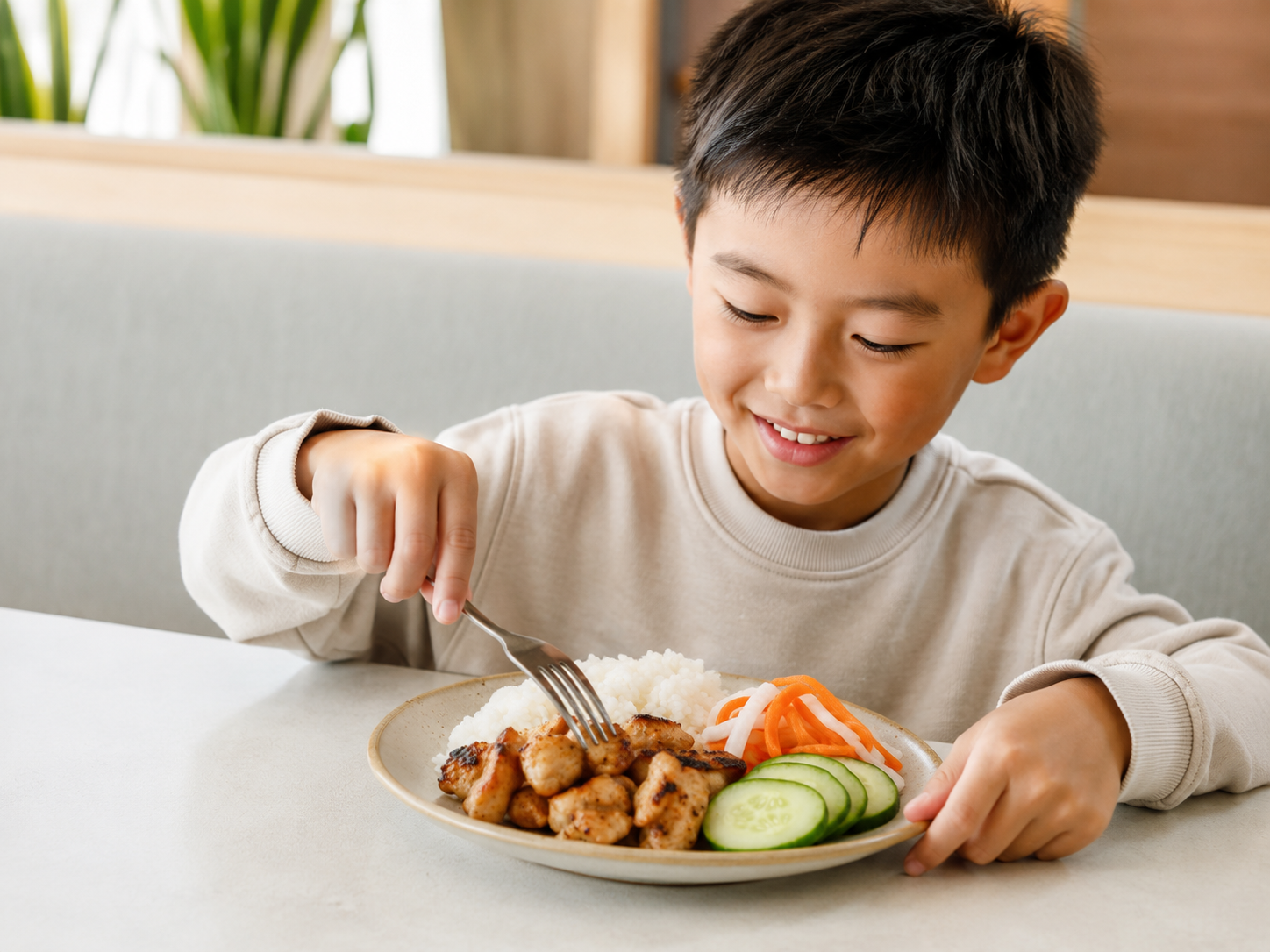 A young boy smiling while eating a plate of food that includes rice, grilled chicken, cucumber slices, and vegetable strips.