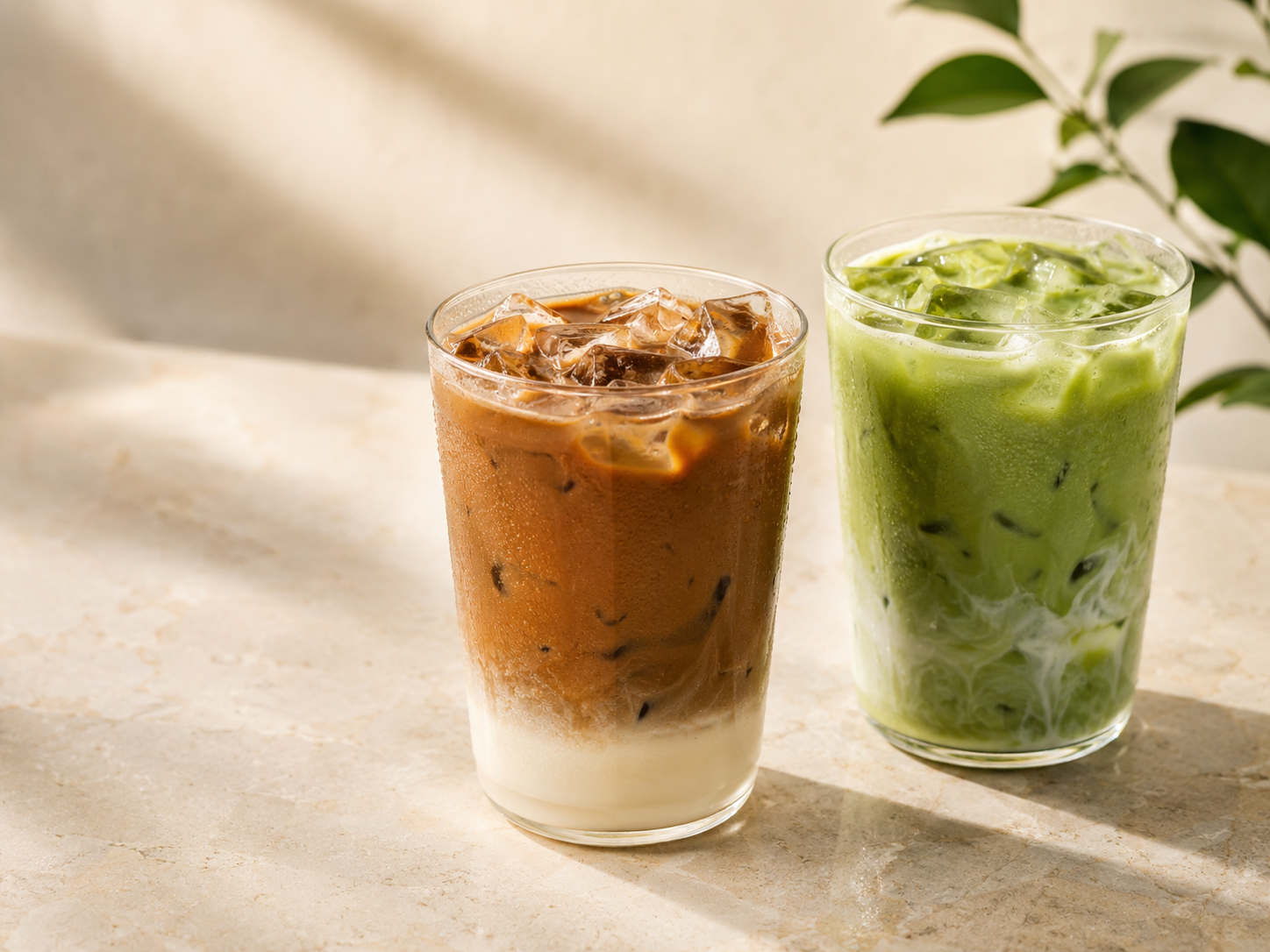 Two glasses of iced coffee drinks on a light-colored surface, one with a milk layer and the other with a green tea or matcha swirl, with a blurred background and some greenery.