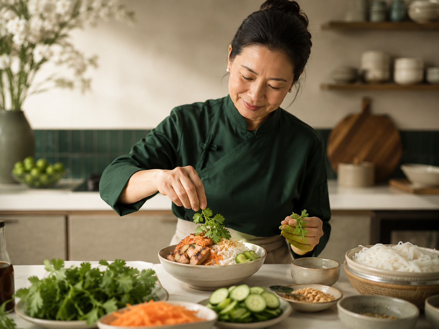 A woman in a green chef's coat preparing a bowl of Asian noodles with vegetables and herbs in a modern kitchen.