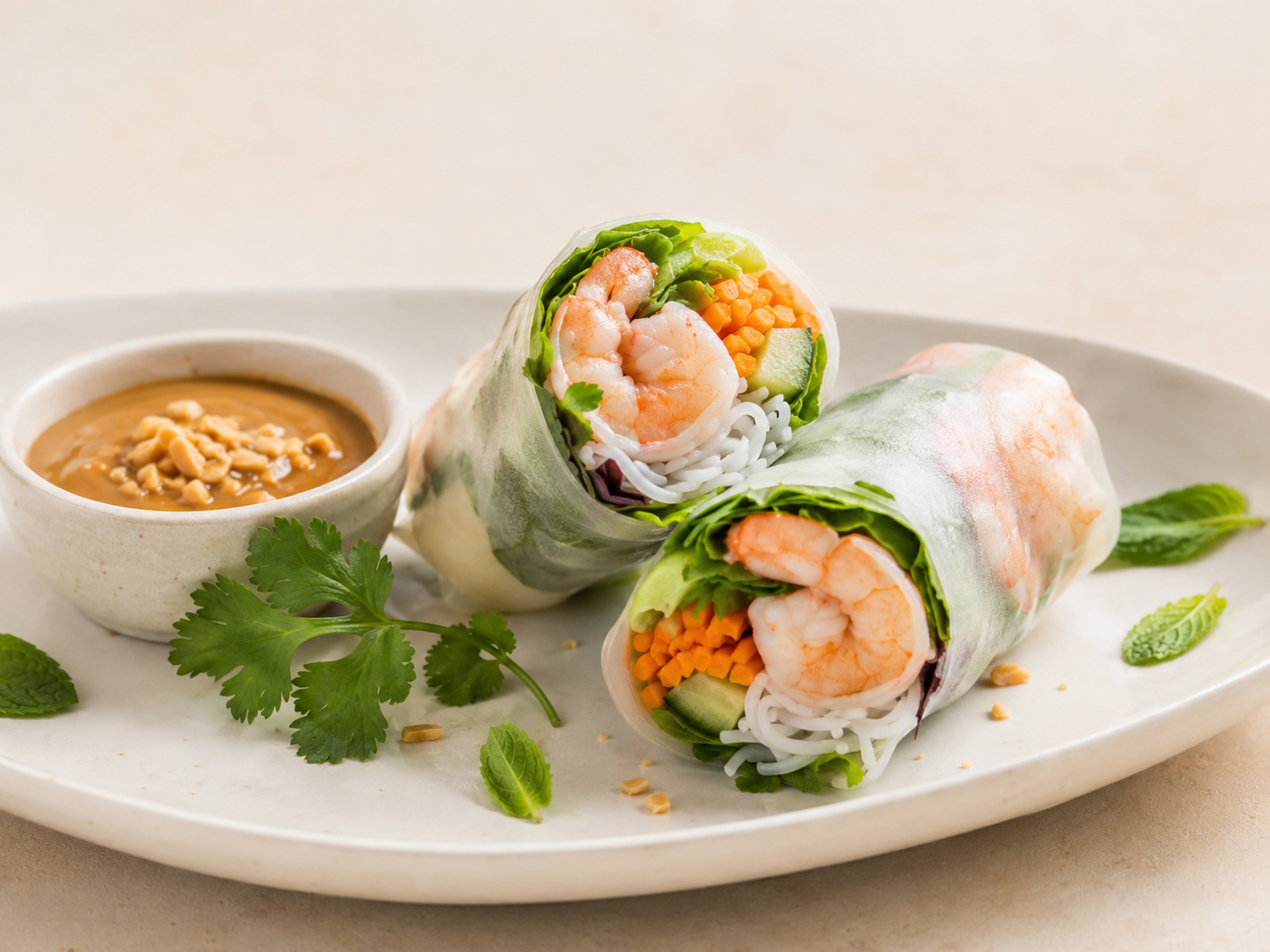 Two shrimp spring rolls with fresh vegetables and rice noodles on a white plate, accompanied by a small bowl of peanut sauce and garnished with cilantro and mint leaves.