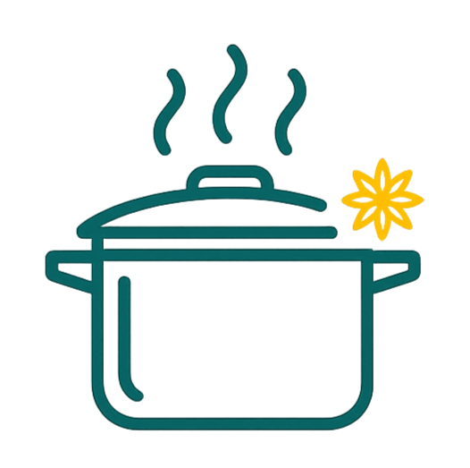 A digital illustration of a cooking pot on a stove with steam rising, and a yellow flower beside it.