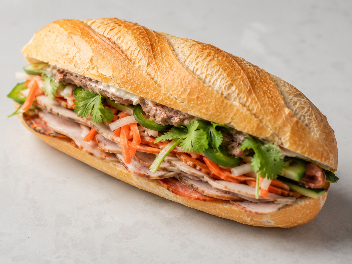 A sub sandwich with various meats, vegetables, and cilantro in a long baguette bread.