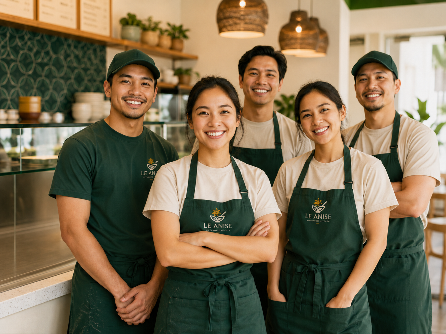 Group of five smiling staff members in Vietnamese cuisine restaurant, wearing aprons with 'Le Anise' logo inside the restaurant.
