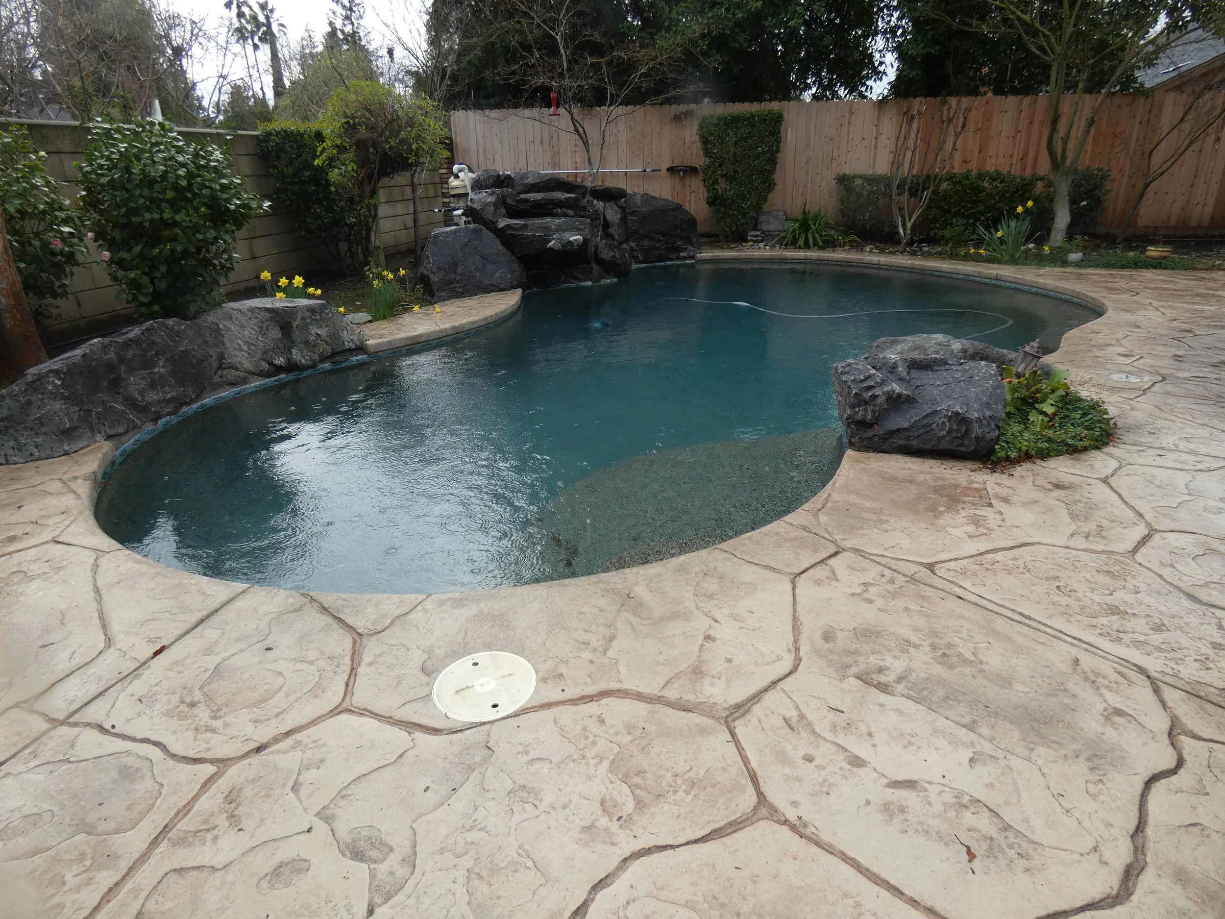 Customized swimming pool surrounded by attractive stamp concrete decking.