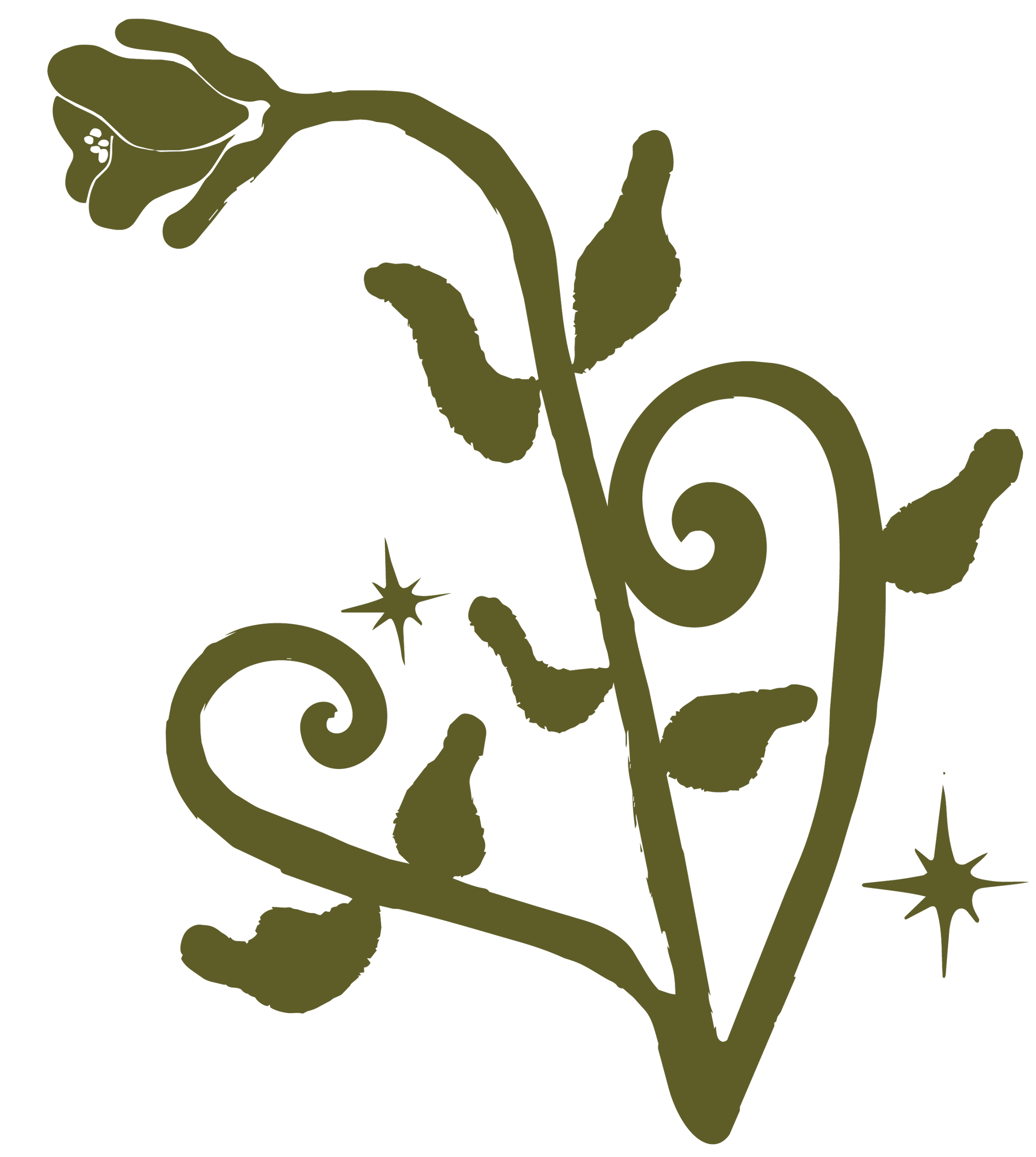 Stylized illustration of a flower with swirling stems and leaves, dark background with olive green plant design.