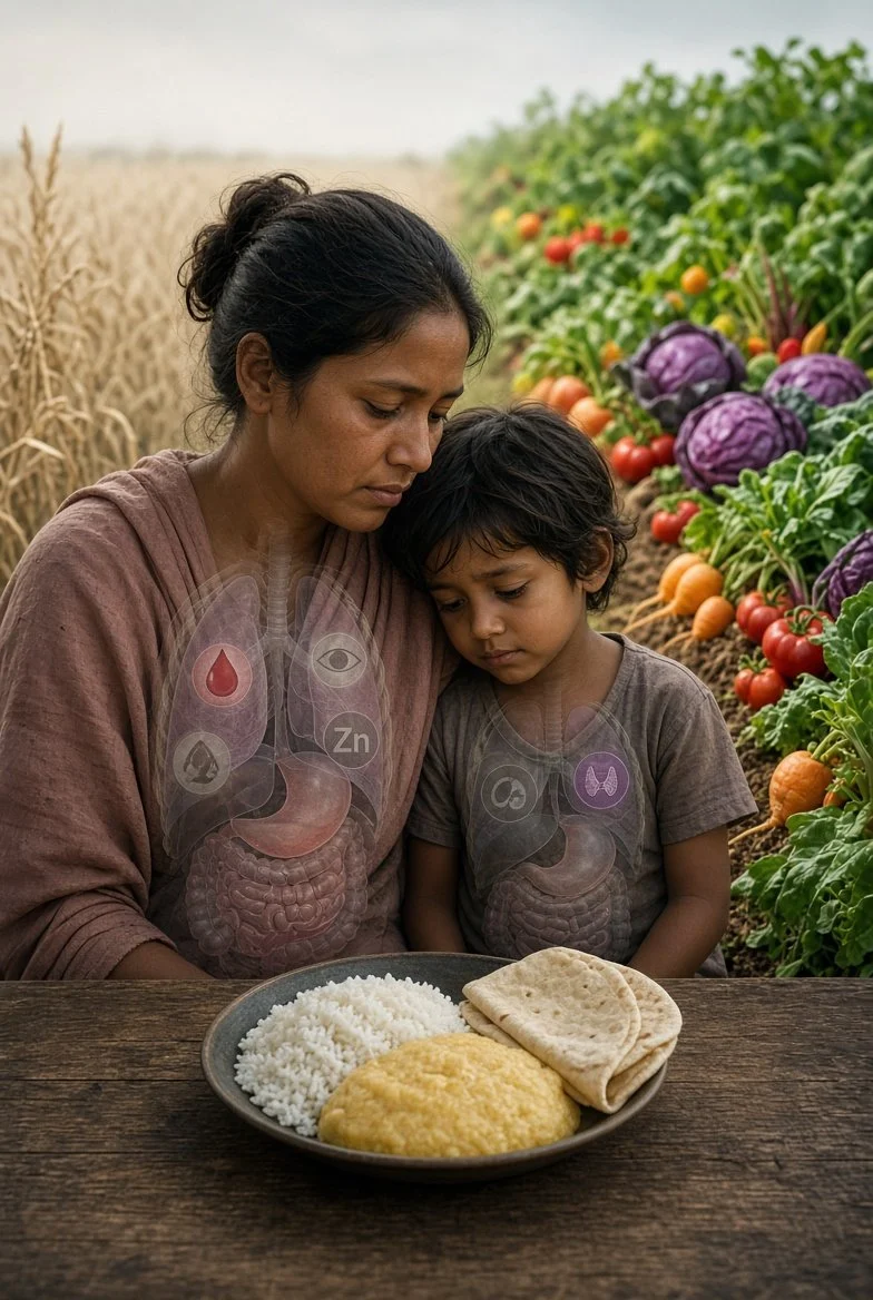 A woman and a young boy look at a plate of rice, flatbread, and a yellow dish, with a farm field of grain and a vegetable garden in the background.
