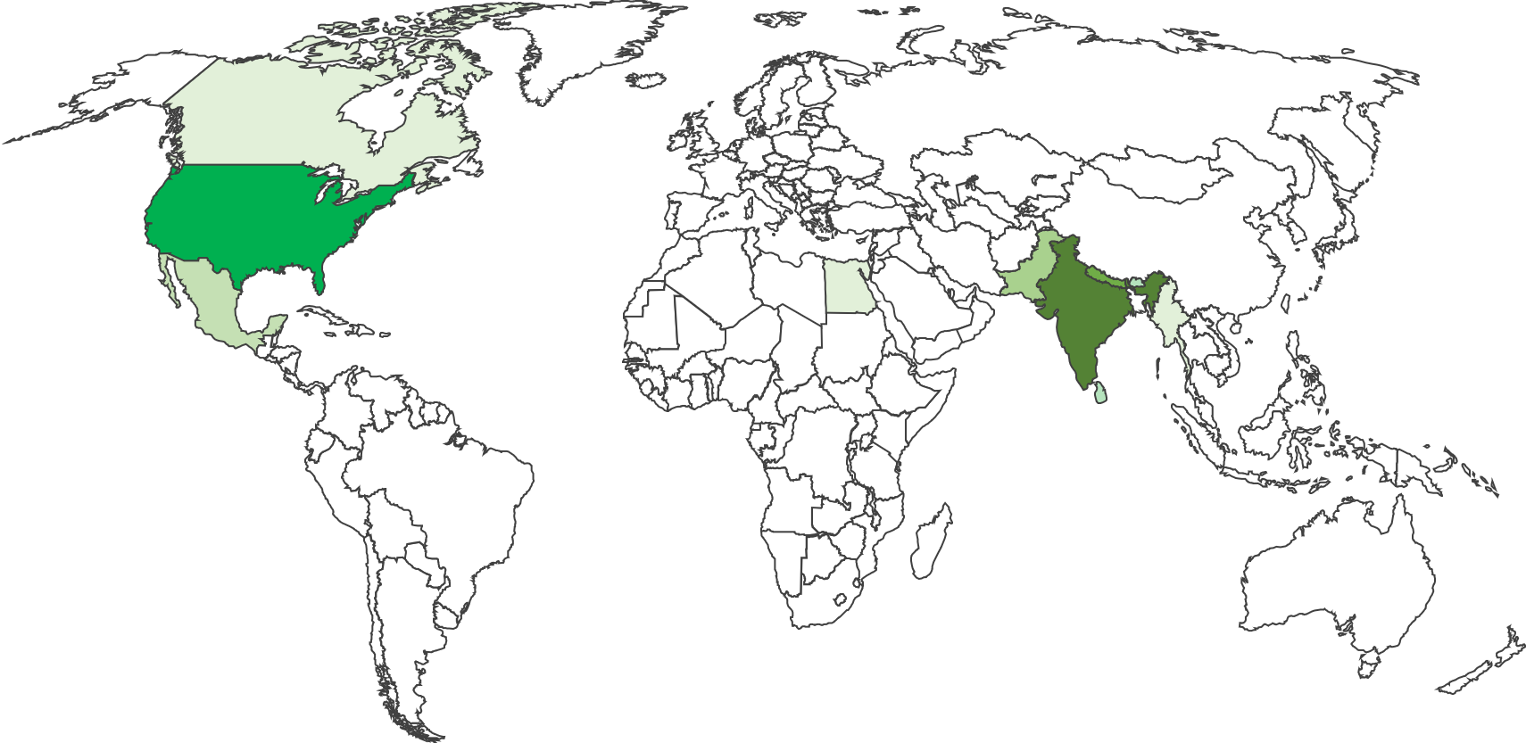 World map showing countries with high immigrant populations in green, including the United States, Canada, Australia, Germany, France, Italy, the United Kingdom, India, and South Africa.