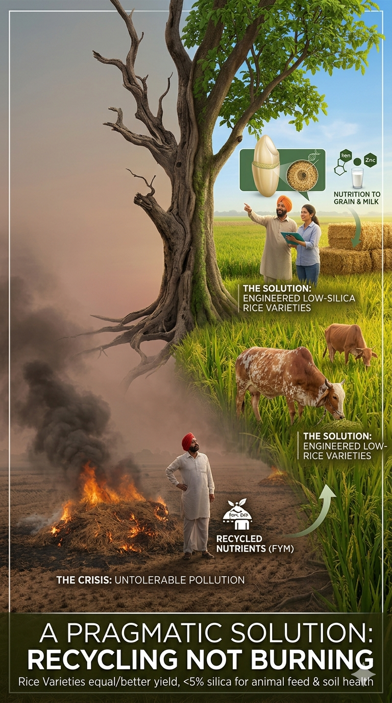 Illustration showing an environmental issue with a burn pile and pollution on the left, transitioning to healthy rice fields and cows on the right. Features smiling farmers discussing engineered low-silica rice varieties, recycled nutrients, and solutions for pollution and grain quality.