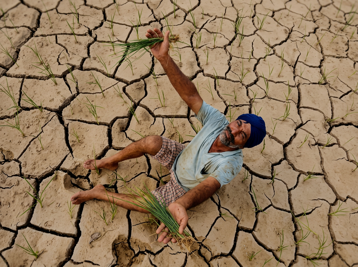 A man with a blue turban and a beard lying on cracked, dry earth, holding young green plants with roots, surrounded by newly sprouted grass blades.
